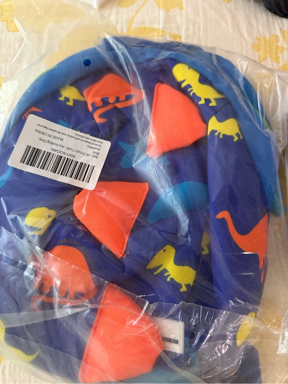 Kids Dinosaur Print Backpack in Blue and Neon Orange